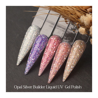 Gel de construction liquide auto-nivelant HEMA FREE & Thin Consistency Opal Glitter Builder en flacon argenté, vernis à ongles liquide pour extension
