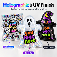 Sac en plastique refermable de qualité alimentaire pour Halloween, avec logo imprimé UV personnalisé, sac en Mylar découpé, pour bonbons, biscuits, lait holographique