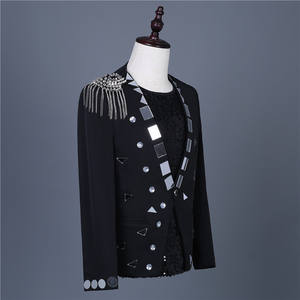 Chaqueta de Traje para <span class=keywords><strong>Hombre</strong></span> Lh108, Plateada con Lentejuelas, Cuello Chal, Botón Único, Inspirada en Trajes de Fiesta, Baile, Escenario, Televisión y Cine - Product Image 2