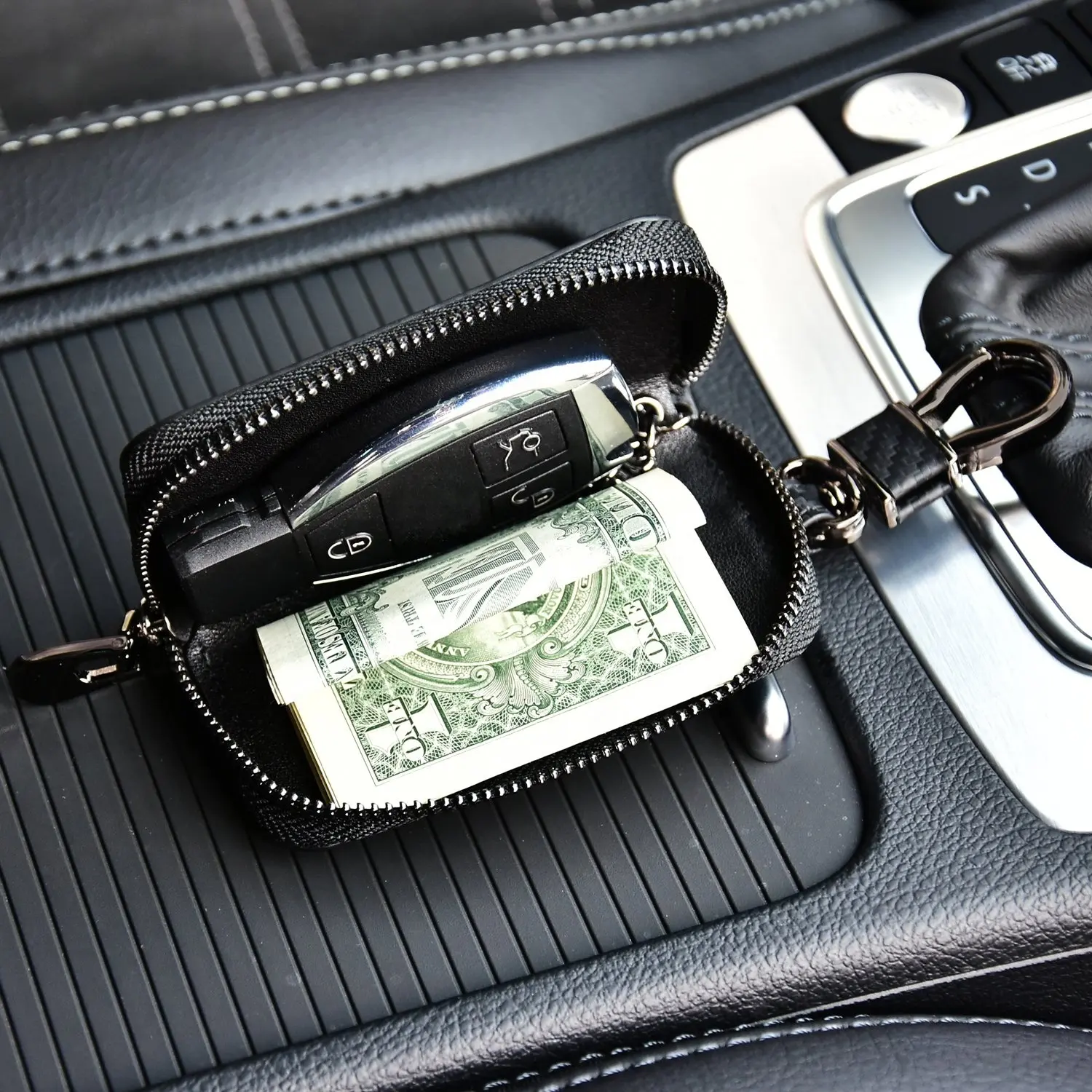 Factory Best Selling RFID Carbon Fiber Leather Keychain Money Key Chain Zipper Mens Wallet