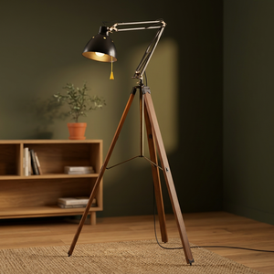 Lampadaire trépied réglable avec projecteur, en métal et bois, pour salon, chambre, studio, décoration - Product Image 2