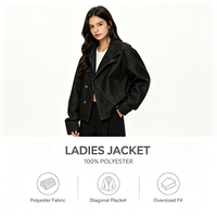 Veste en polyester pour femme, coupe oversize noire, col à revers, boutons métalliques, poches passepoilées, coutures surpiquées, poignets larges, style streetwear