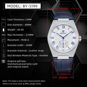 BENYAR 5199 orologio da uomo Fashion Business <span class=keywords><strong>Simple</strong></span> Blue Quartz Watches Sport orologio da polso da uomo con calendario impermeabile in vera pelle - Product Image 2