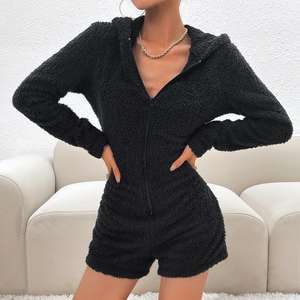Automne hiver femmes décontracté à manches longues à capuche combinaison pur Polyester Mini barboteuse fourrure <span class=keywords><strong>polaire</strong></span> ensemble fermeture à glissière - Product Image 1