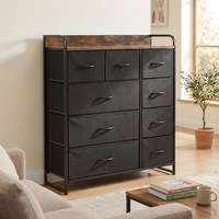 Commode rustique marron et noire à 9 tiroirs, commode de rangement en tissu avec conception anti-basculement, organisateur haut pour salon
