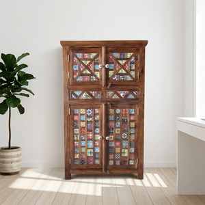 Vintage Indian Sheesham Wooden Bedroom Wardrobes Double Door Almirah Ceramic Tile Fitted Handcrafted For Living Room Hotel Room - Product Image 6