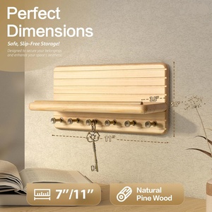 Porte-clés mural en bois de pin de 11 pouces avec 6 crochets et étagère flottante - Solution de décoration intérieure chic et fonctionnelle (Bois naturel) - Product Image 2
