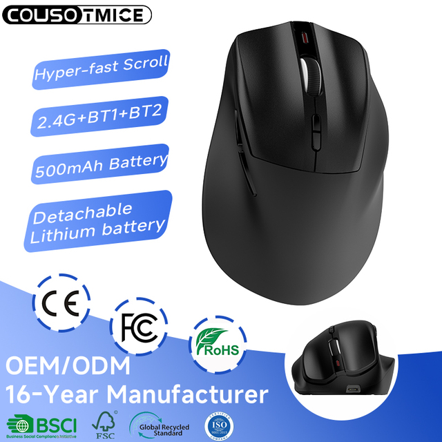 Detachable Lithium Battery Wireless Mouse Ergonomic Computer Mice with Hyper-fast Scrolling Quiet Click Bluetooth Vertical Mouse