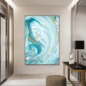 Wholesale Paintings Stretched Canvas Prints abstract sea view picture with golden frame glitter