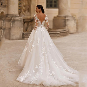 Elegant Ball Gown Wedding Dress With Floral Print Sweetheart Neckline Long Sleeves White A Line Bridal Gown For Outdoor Wedding - Product Image 3