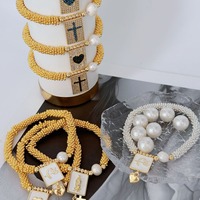 Bracelet Religieux Bohème-Plaqué Or Croix Coeur Vierge Marie Pendentif avec Perle Chaîne Élastique Réglable Vente en Gros
