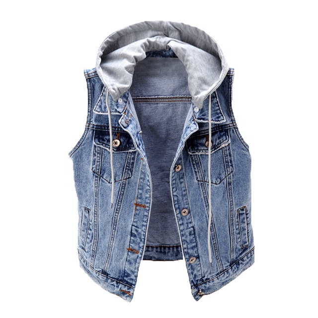 New Design Fashion Sleeveless Jacket Unisex Men Women Denim Cowboy Vest Ladies Hooded Denim Vest