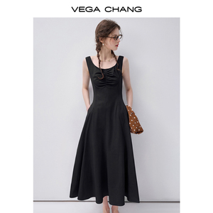 <span class=keywords><strong>เด</strong></span><span class=keywords><strong>รส</strong></span>ยาวสีดำแบบไม่มีแขนสำหรับผู้หญิง ยี่ห้อ VEGA CHANG คอเหลี่ยม ช่วงอกจับจีบ เอวสูง ทรงเอไลน์ ชุดลำลองสำหรับฤดูร้อน - Product Image 2