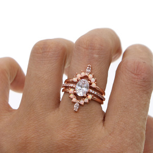 Promotion : Ensemble de fiançailles tendance, plaqué or rose, 3 pièces, pavé de zirconiums cubiques et opale, bague de mariage pour couple, Arabie Saoudite - Product Image 6