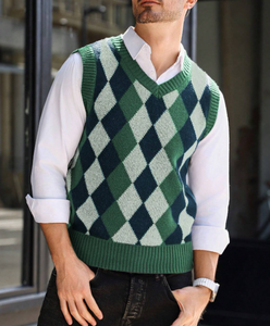 <span class=keywords><strong>Chaleco</strong></span> de Punto sin Mangas con Cuello en V, Estilo Casual para <span class=keywords><strong>Hombre</strong></span>, con Patrón de Rombo Retro, para Atuendos Casuales de Negocios o para el Trabajo Diario - Product Image 1
