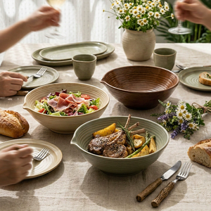 Vajilla de Cerámica Rústica de Estilo Natural, Tazón de Cerámica Texturizado Hecho a Mano con Boquilla para Servir, para Ensaladas, Filetes, Pasta, Cocina, Restaurante - Product Image 1
