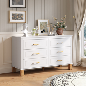 6 <b>Drawer</b> Double Dresser White Modern <b>Storage</b> Cabinet Metal Handles Solid Wood Legs Dresser <b>Drawer</b> Organizer - Product Image 2