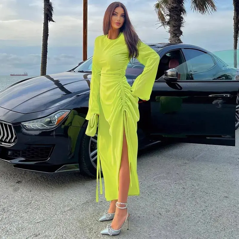 Neon Green Drawstring Dresses For Women Fall O-Neck Flare Sleeve Sexy Split Satin Maxi Dress Woma