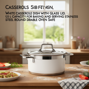 Casseruola bianca con coperchio in vetro, capacità 125 litri, per cuocere e servire, in acciaio inox, rotonda, resistente, adatta al forno. - Product Image 3