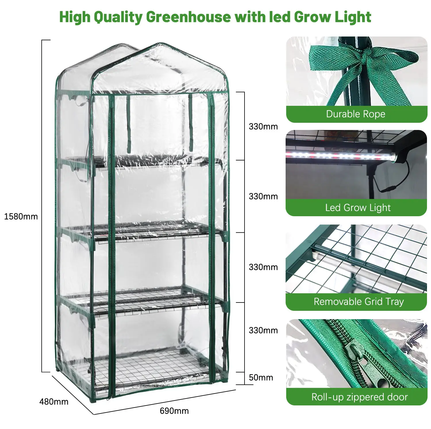Mini invernadero de 4 niveles, kit de invernadero de jardín interior impermeable con luz de cultivo para plantas pequeñas para agricultura o uso al aire libre