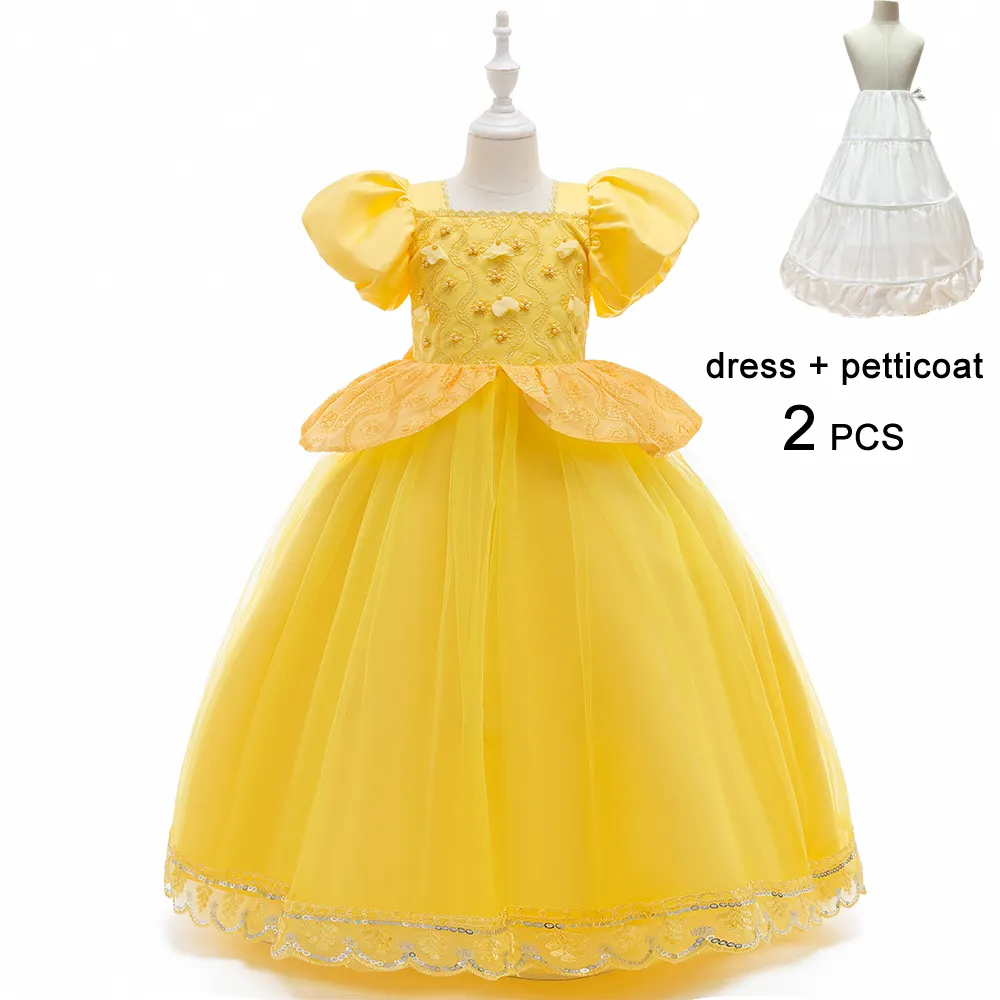 FSMKTZ Wholesale Princess Belle Dress Beauty And The Beast Fancy Costume Queen Belle Yellow Flower Girl Dresses LP-265