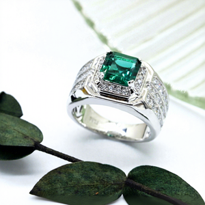 טבעות כסף 925 מצופות רודיום, טבעות אבני חן קלאסיות, חיתוך אמרלד, אמרלד וזירקוניה קובית, שיבוץ פאבה, ללבישה יומיומית לגברים - Product Image 6