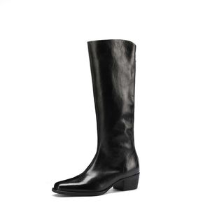 Botas Clásicas de Moda hasta la Rodilla de Cuero Genuino para Mujer, Botas de Caballero con Punta Cerrada, Tacón Cuadrado Grueso y Cremallera Trasera - Product Image 1