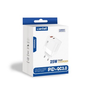 <span class=keywords><strong>Chargeur</strong></span> <span class=keywords><strong>rapide</strong></span> Cantell 25W double USB A+C PD avec sortie 5V/3A pour la maison et les voyages, compatible avec les prises US/EU/UK et les téléphones mobiles - Product Image 1