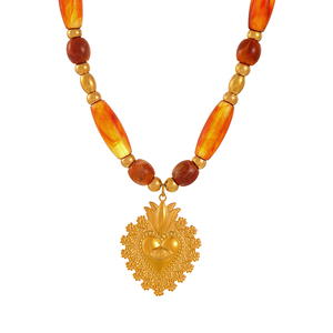 Collana Asu Vintage con Perle d'Ambra e Ciondolo Sacro Cuore e Dio Sole, Gioielli Boho Statement per Donne - Product Image 5