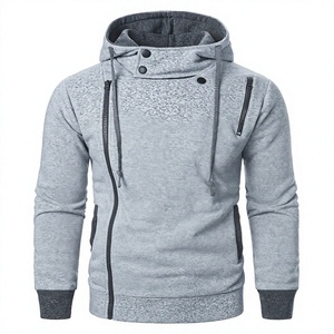 Sweat-shirt à capuche gris pour homme, coupe classique, en molleton tricoté coton-polyester, décontracté, pour l'hiver, respirant, avec boutons et fermeture éclair latérale - Product Image 1