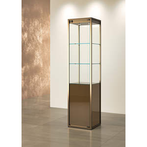 Vitrine en fer 45x45x190cm, bronze laqué, base en verre avec éclairage LED, présentoir de table - Product Image 1