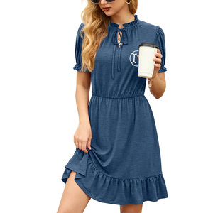 Abito Mini Estivo da <span class=keywords><strong>Donna</strong></span> con Volant e Scollo Allacciato, Maniche Corte a Sbuffo, in Poliestere e Cotone, Vestito Casual a Trapezio per l'Ingrosso - Product Image 3