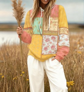 เสื้อฮู้ดผู้หญิงสไตล์โบฮีเมียนวินเทจ พิมพ์ลายเรขาคณิตดิจิทัล แบบสวมหัว มีฮู้ด ลำลอง แต่งสีบล็อก ตัดต่อผ้า มีซับใน สำหรับฤดูหนาวและฤดูใบไม้ร่วง - Product Image 3