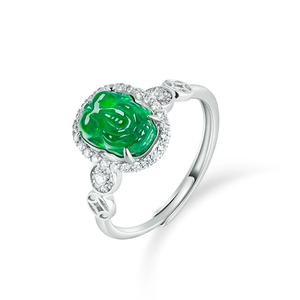 Authentic S925 silver natural A-grade jadeite green fox-shaped amulet ice-quality <b>jade</b> <b>ring</b> for women, adjustable size. - Product Image 1