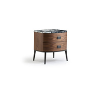 Table de chevet ovale minimaliste italienne, armoire de chevet en contreplaqué fumé avec 2 tiroirs et finition laquée pour chambre à coucher