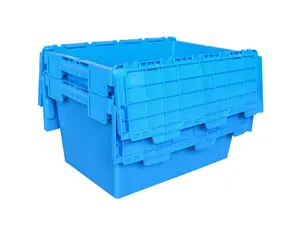 गर्म बेच 60x40x34 cm पीपी सामग्री प्लास्टिक चलती टोकरा रसद बॉक्स hinged ढक्कन के साथ