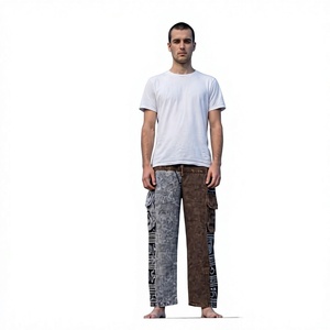 Ensemble deux pièces pantalon cargo en coton thaïlandais, imprimé floral vintage, taille élastique, délavage effet pierre, multicolore, coupe classique, été - Product Image 1