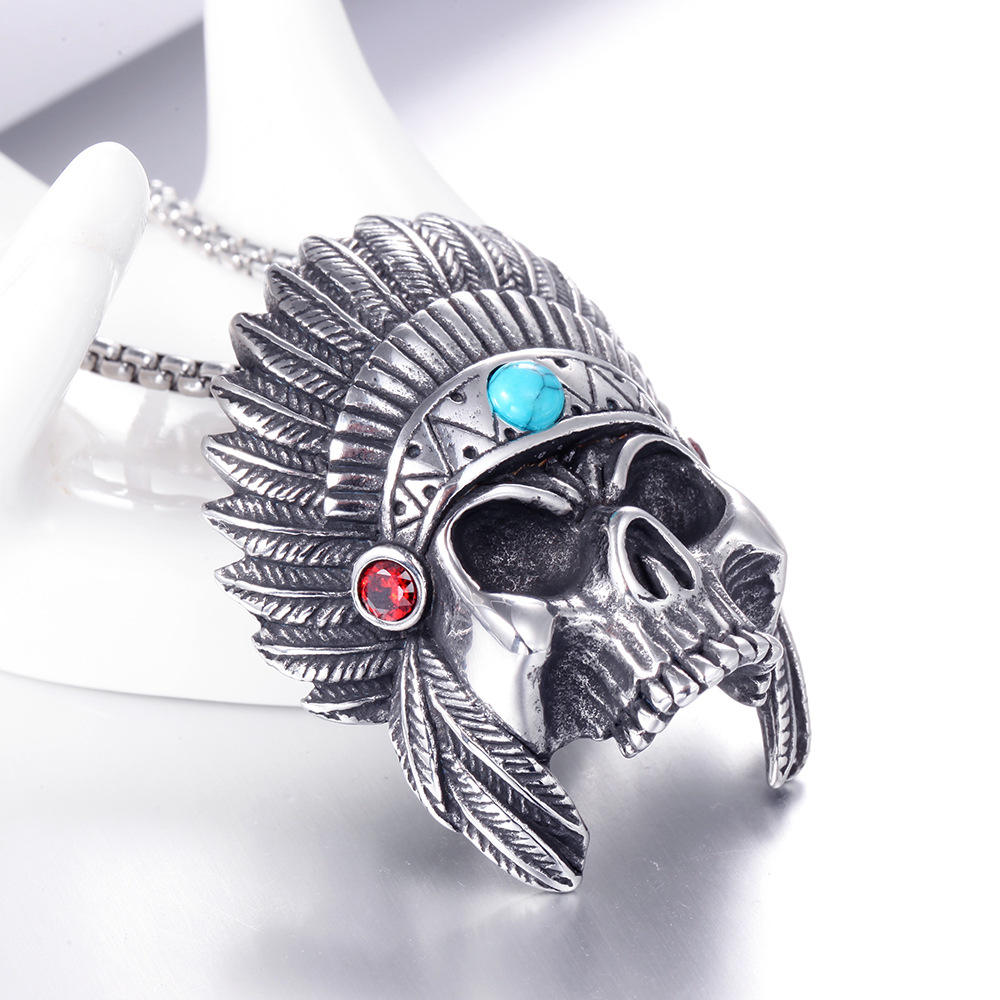 Collier pour hommes, accessoires Hip Hop en acier inoxydable de couleur  Turquoise, pendentif de tête de mort, plume de crâne, mouchoir indien