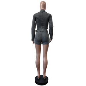 ชุดผ้ายีนส์ลำลอง2ชิ้นสำหรับผู้หญิงแจ็กเก็ตแขนยาวกางเกงขาสั้นอินเทรนด์ชุดยีนส์แนวสตรีทสองชิ้นสำหรับผู้หญิง - Product Image 3