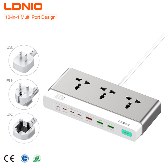LDNIO SC3 10 in 1 GaN Power Strip 100W PD Fast Charging 2500W AC Multi Port for Desktop Home Office Use Power Extension Socket