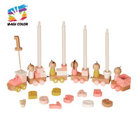 Ensemble de train à bougies d'anniversaire en bois avec figurines d'animaux, blocs numériques et locomotive rose, jeu éducatif Montessori W04A649E