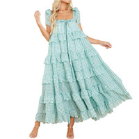 Robe midi décontractée sans manches à motif quadrillé, pliée en éventail, fraîcheur et confort