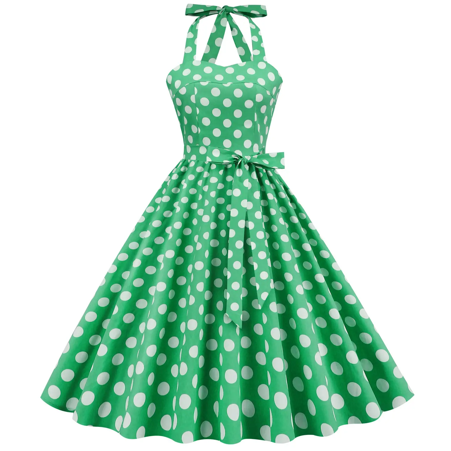 European And American Temperament Hepburn Style Retro Polka Dot With Back Hanging Neck Big Swing Dress
