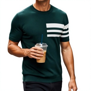 T-shirt décontracté pour homme, vert, à manches courtes, col rond, tricoté, avec bordure contrastante rayée, coupe classique, séchage rapide et écologique - Product Image 2