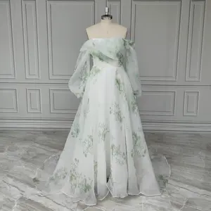 100% Real Photos Green Puffy Ruffles Sleeves Lawn Wedding Dress Floral Printed Pleat Organza Sweep Train Bridal Gown For Women