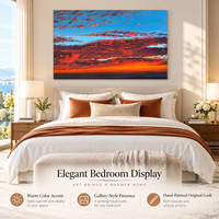 Grande peinture à l'huile abstraite, ciel rouge coucher de soleil, nuages cramoisies, horizon bleu orange, peinture sur toile peinte à la main, art mural