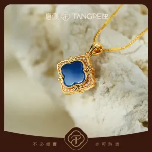 Collana TANGPEI con Quadrifoglio e Stelle Notturne Blu, Ciondolo in Cristallo Blu Placcato Oro per Donne, Catene Trendy, Gioielli Raffinati - Product Image 4