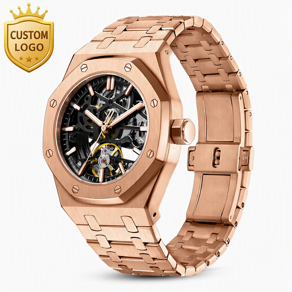 Octogon Shell Custom Logo Mens Automatic Mechanical Watch Skeleton Dial Tourbillon ...