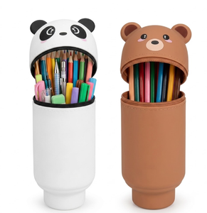 Wholesale Cute Animal Pop Up Silicone Pencil Case Telescopic Pen Holder BPA Free Stationery Pouch For Kids