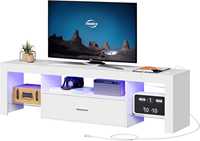 Meuble TV LED avec prise de courant, support en bois, grand tiroir, design moderne, convient aux téléviseurs de 60 à 64 pouces, pour salon, chambre à coucher, blanc